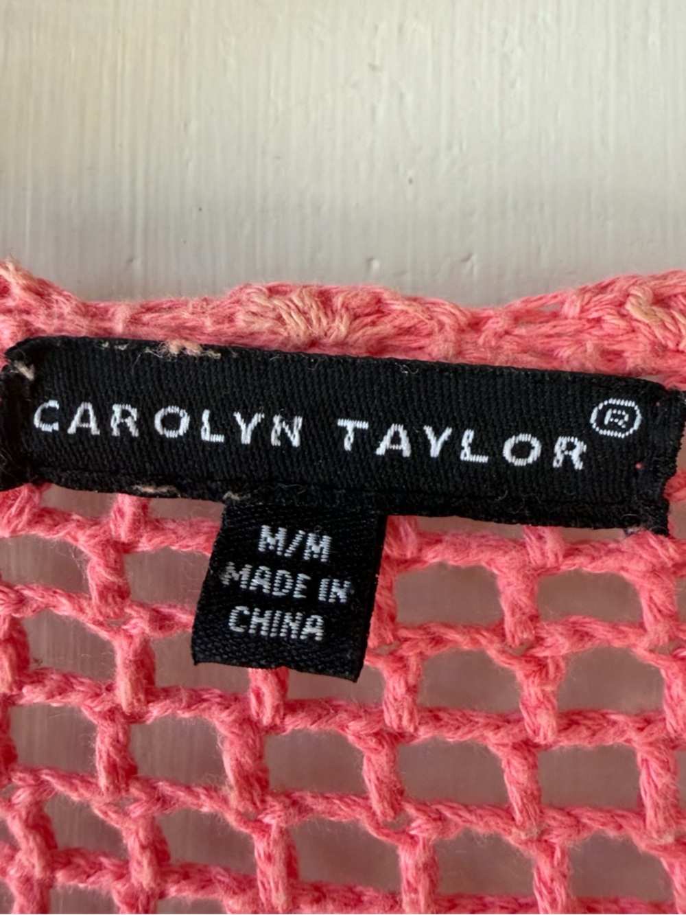 Vintage Carolyn Taylor Coral Pink Crochet Cover-Up Cardigan, Tie Front, Size M - Picture 5 of 9